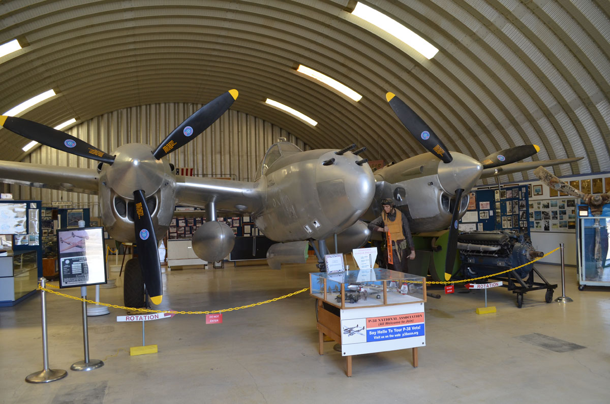A full scale fiberglass replica P-38 is on display.